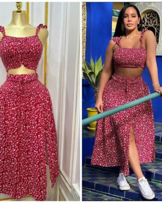 Zara Floral 2-Piece Set – Sleeveless Crop Top & High-Waist Slit Skirt
