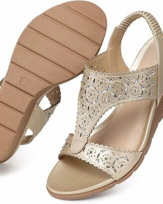 SHIBEVER Wedge Sandals Women Elastic Strap Open Toe Platform Sandals Rhinestone Hollow out Summer Shoes