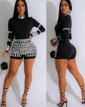 Bluewolfsea Women's Long Sleeve Rhinestone Bodycon Short Pants One Piece Jumpsuits Zipper High Neck Outfits Romper