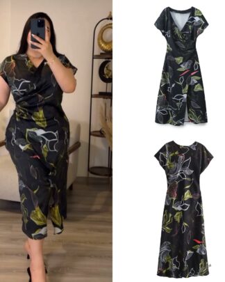 V Neck Floral Print Black Color Front Slit Short Sleeve Casual Fashion Maxi Dress for Women