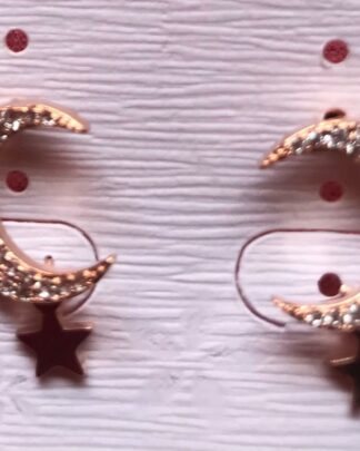 Rose Pink Crystal Clustered Crescent Moon with Trinket Star Stud Earrings