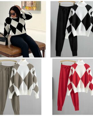 Knitted Outfit for Women Full Set Knit Sets Long Sleeve Sweater and Pants Sets Casual Contrasting Color Set Lounge Sets for Women