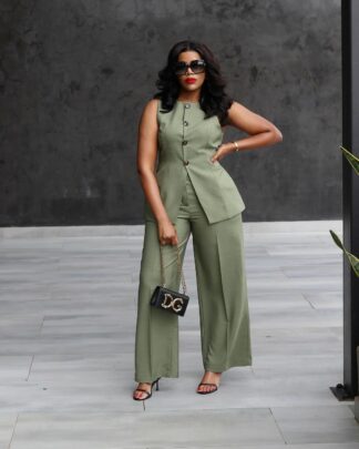 Sleeveless Button Front Vest Blazer & Wide Leg Pants