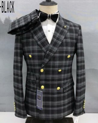 Men’s Suit Black Double-Breasted Suit with Gold Buttons