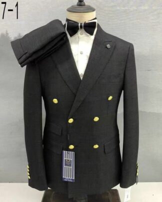 Dark Grey Double-Breasted Suit with Gold Button Detail