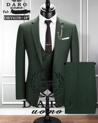 Muted Green Designer Three-Piece Suit with Double-Breasted Waistcoat