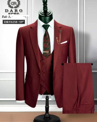 Wine Three-Piece Suit with Overlapping Vest