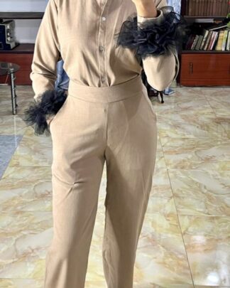 Beige Two-Piece Trouser Outfit with Feather Cuff Shirt