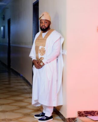 Men’s White Kaftan with Agbada, Carton Colour Embroidery and Cap For Rent